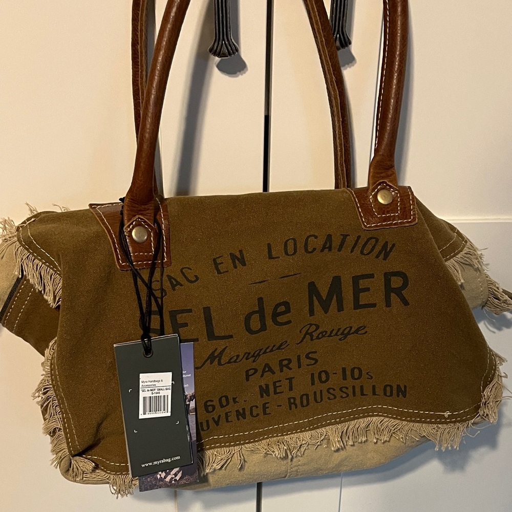 Myra Bag Tan and Brown Canvas Fringe Shoulder Bag NWT